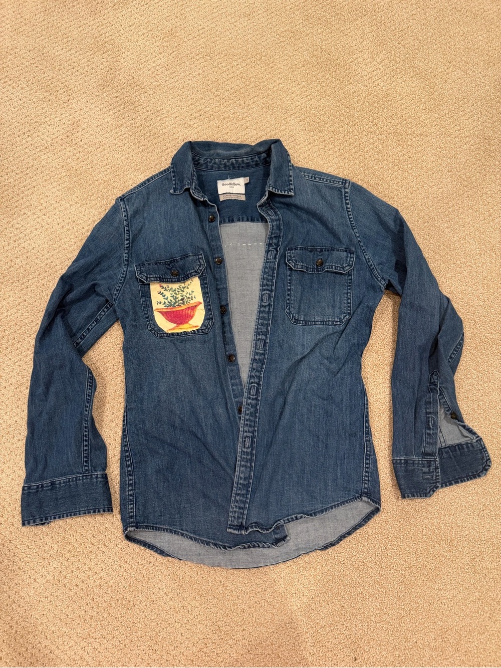 Goodfellow & Co Blue Denim Button-Down Shirt with cottagecore herb Pocket Patch